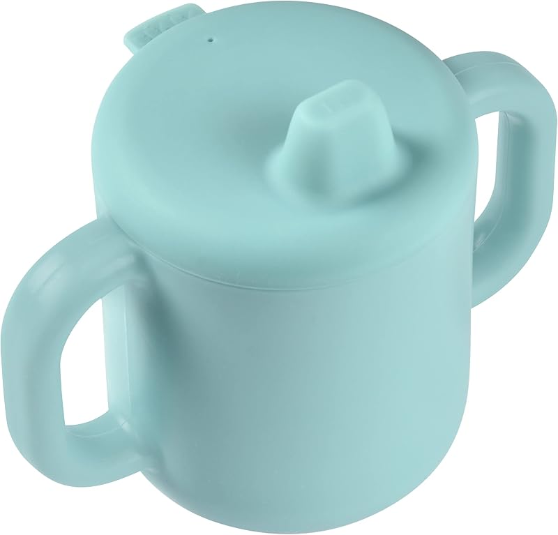 , copo de aprendizagem para bebés, função biberão/copo, silicone de 100% qualidade, pegas largas, fácil de segurar, ergonómico, bico flexível, azul