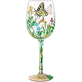 NymphFable Hand-painted Wine Glass Flowers Butterflies Artisan Painted Glass 15oz Gift for Family Friend Women