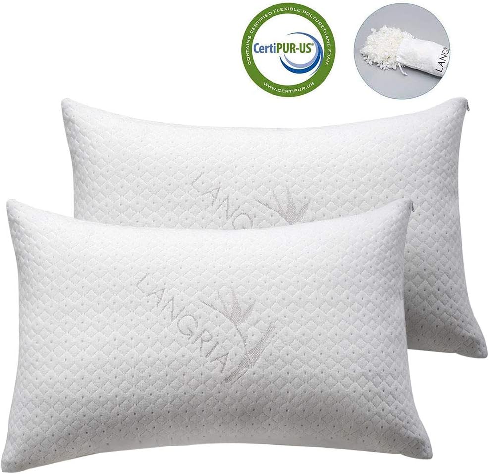 LANGRIA Luxury Bamboo Shredded Memory Foam Pillow with Zip Cover and Adjustable Viscoelastic Sleeping Pillow CertiPUR-US Approved Foam Filling Breathable Odor-Free Washable, Queen