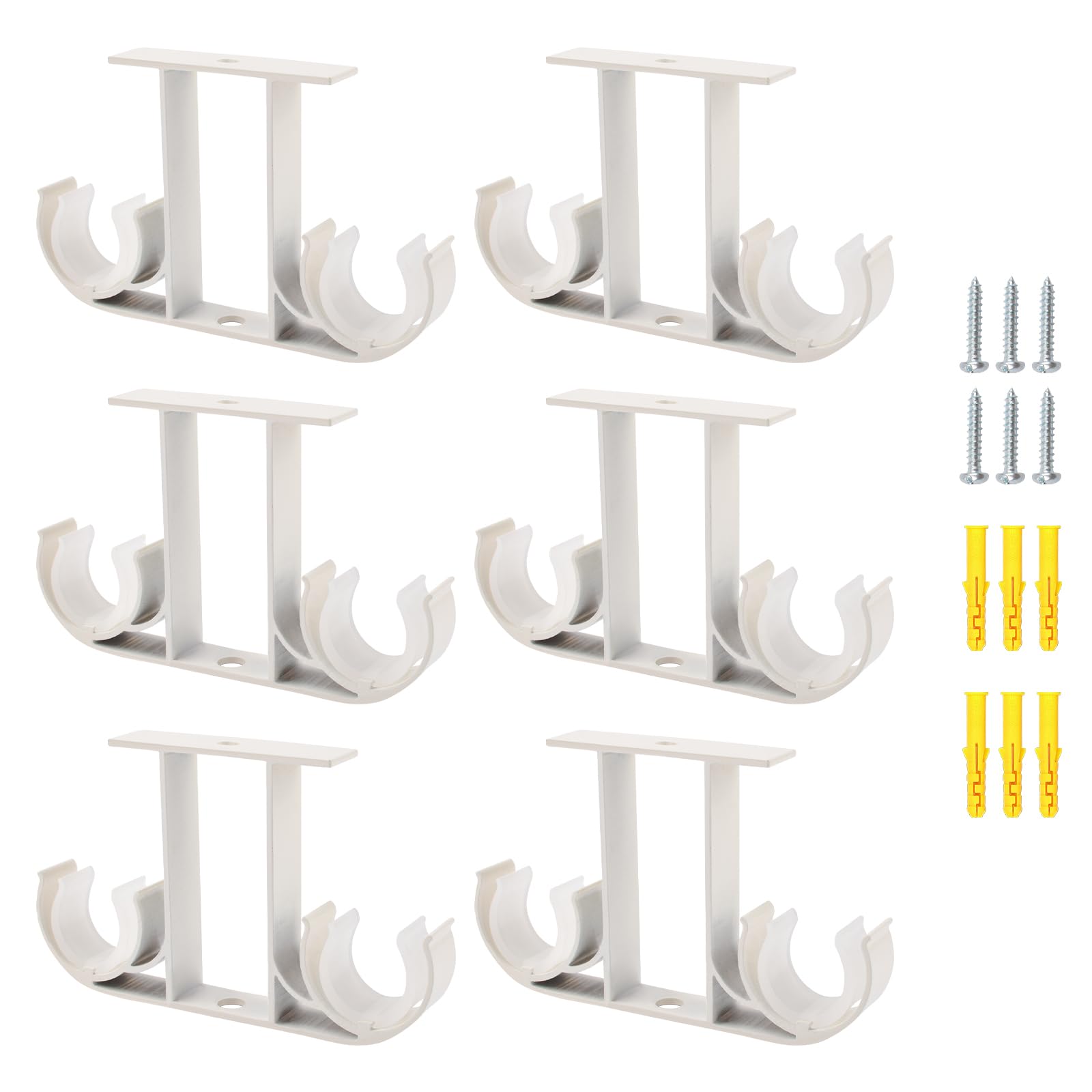 UFURMATE Curtain Rod Brackets, 6Pcs Aluminum Alloy Ceiling-Mount Brackets Double Curtain Holders Window Drapery Rod Hanging Supports for 23mm-26mm Curtain Pole (White)
