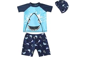 YAGATA Baby Toddler Boys 3 Pieces Swimsuit Set Boys Swimwear Dinosaur Bathing Suit Rash Guards UPF 50+