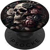 Skull and Roses Floral Black Dark Goth Horror Skull PopSockets Adhesive PopGrip