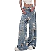 Djeanxa Women's High Waisted Wide Leg Jeans Flower Printed Straight Leg Baggy Jeans High Rise Loose Boyfriend Denim Pants