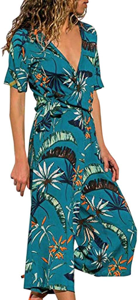 LHVUOA Womens Jumpsuits Casual Short Sleeve Printed Wide Leg Long Pants Deep V Rompers