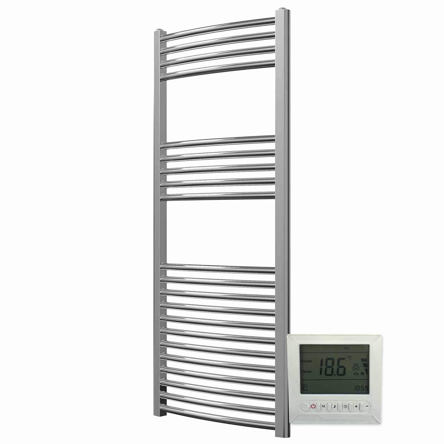 Greened House Electric Chrome 500W x 1200H Curved Towel Rail + Timer