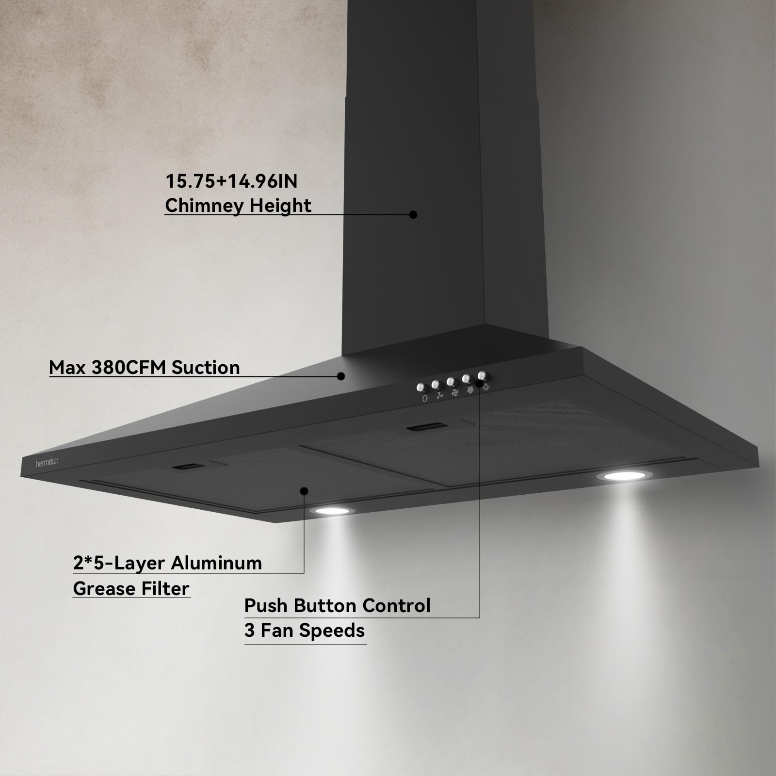 Hermitlux Range Hood 30 inch, Wall Mount Vent Hood for Kitchen with Charcoal Filter, Ducted/Ductless Convertible, Black
