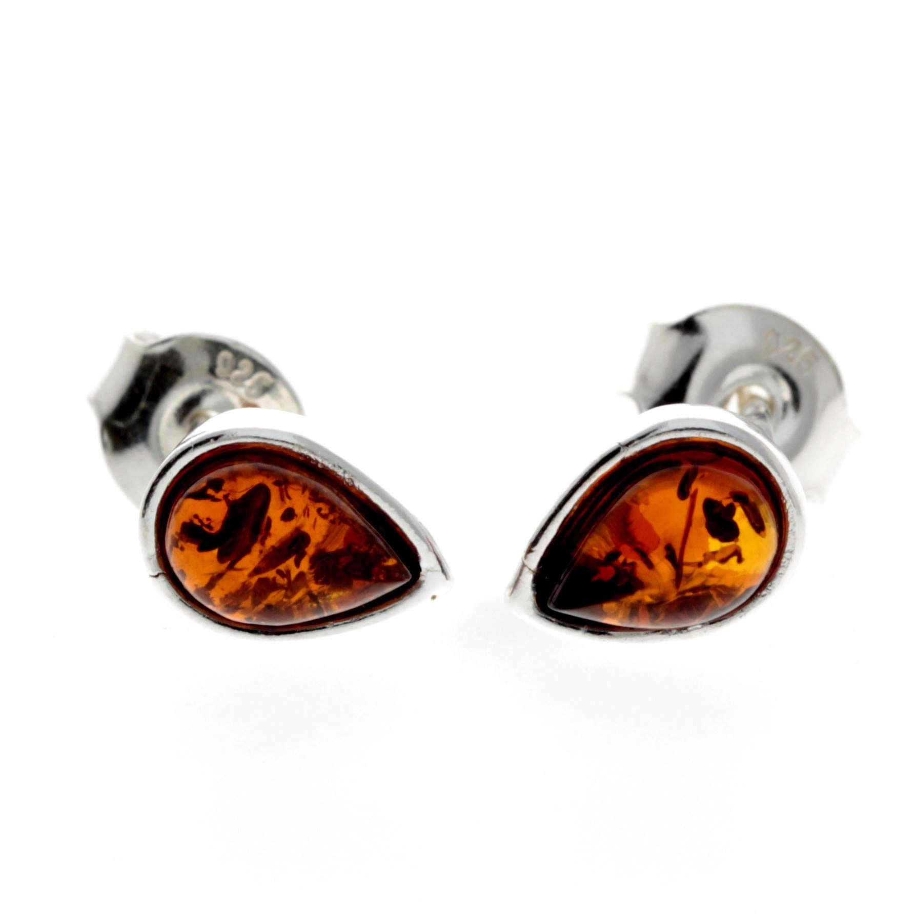Baltic Amber 925 Sterling Silver Small Stud Teardrop Earrings for Woman or Girl M638C Cognac