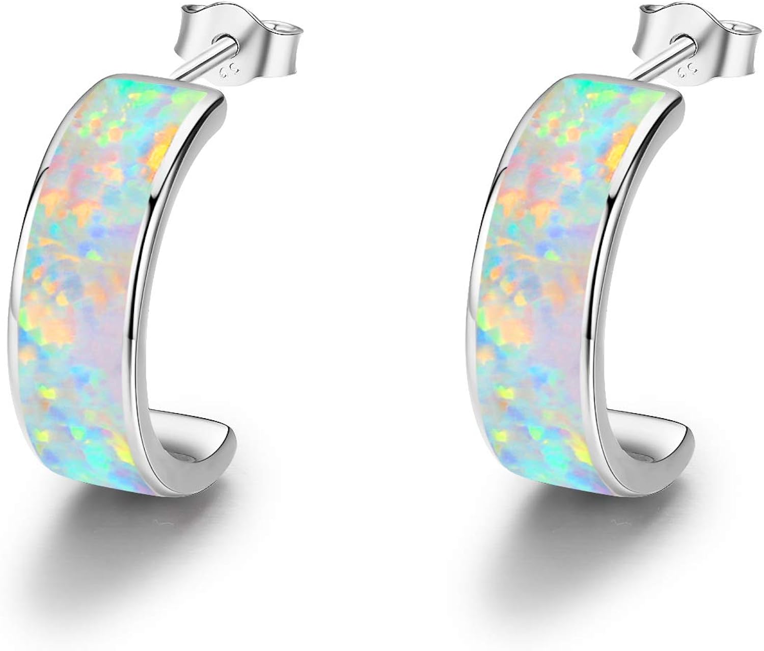 Synthetic Opal Hoops Earrings, 925 Sterling Silver Huggie Earrings C Hoops Circle Earrings Sensitive Ears Cute Gifts for Women