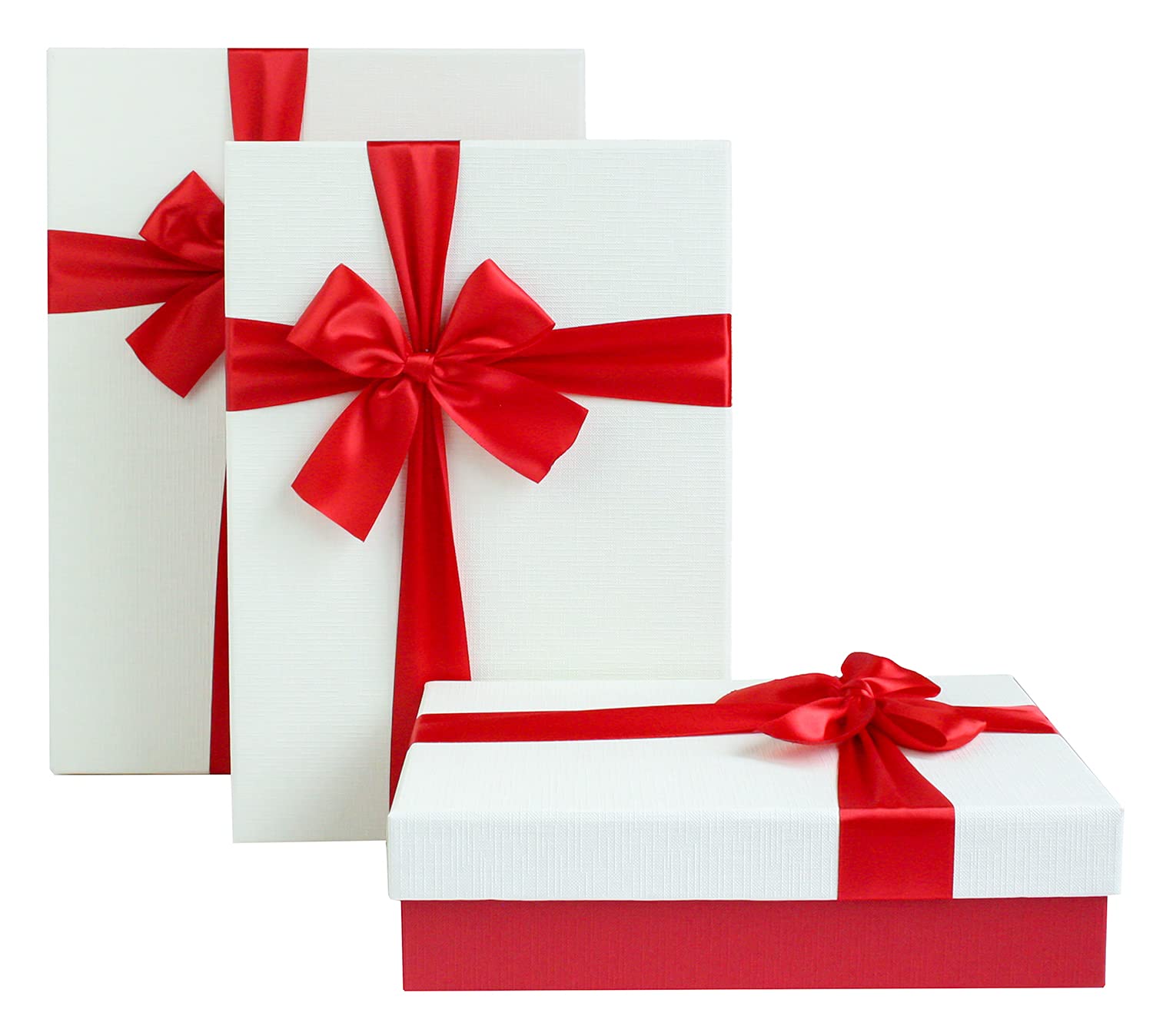 Emartbuy Red/Cream Rigid Gift Box with Ribbon Set of 3 – Large, Medium, Small – – Luxury Cardboard Box|Premium Packaging for Hampers, Bridesmaid Gifts, Birthdays, Weddings, Corporate Gifting