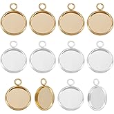 Beebeecraft 1 Box 40Pcs Blank Bezel Charms 24K Gold & Sterling Silver Plated 304 Stainless Steel Round 12mm Pendant Cabochon Settings for Jewelry Making Cameo Photo