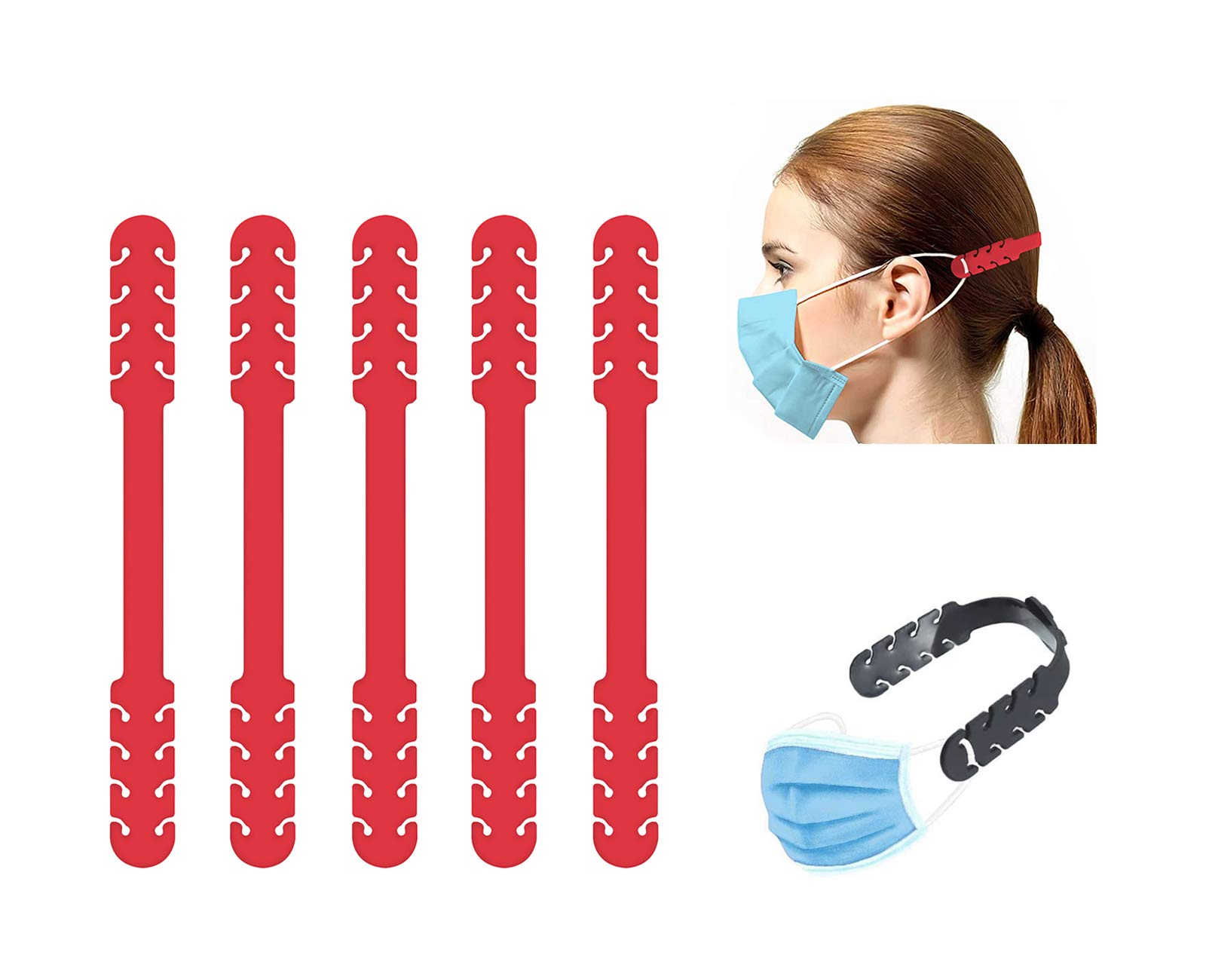 TBOC Mask Extension Strap - [Pack 5 Units] Adjustable Extender [Red] Anti-Tightening Holder Band for Ear Protection Decompression Ear-Loop Anti-Slip Extension Hook Silicone Earsaver with Grips