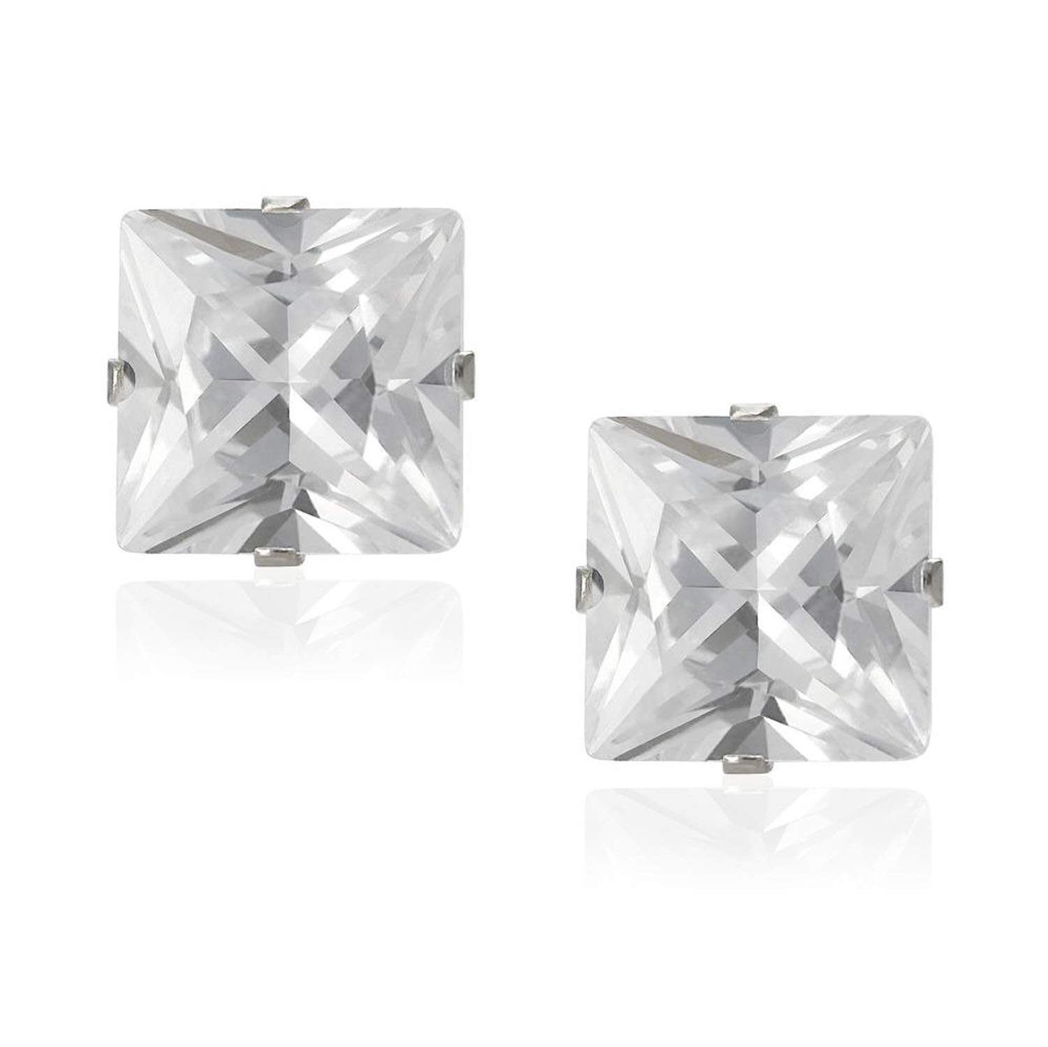 7MM Square Princess Cut CZ Birthstone Stud Earrings/Ear Studs for Women/Teenage/Girls - 925 Sterling Silver - Round Silver Earrings - Diamond White/Clear