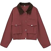 WOWULOVELY Womens Cropped Jacket Contrast Collar Utility Coat Button Down Lightweight Cargo Jacket Barn Jacket Outwear with Pockets(Red-M)