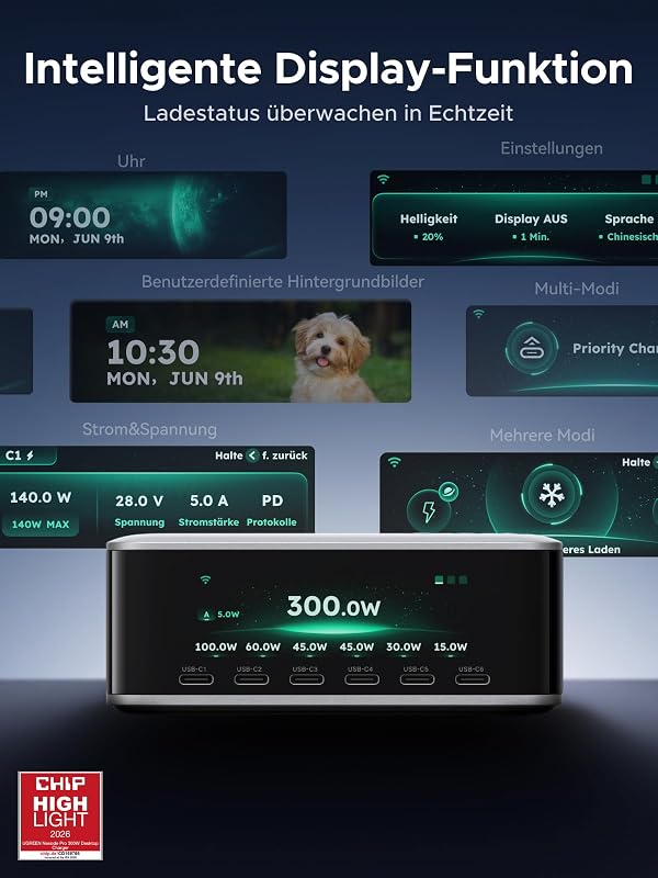 Nexode Pro 300W USB C Ladegerät 8-Port, TFT-Display & Smart Control