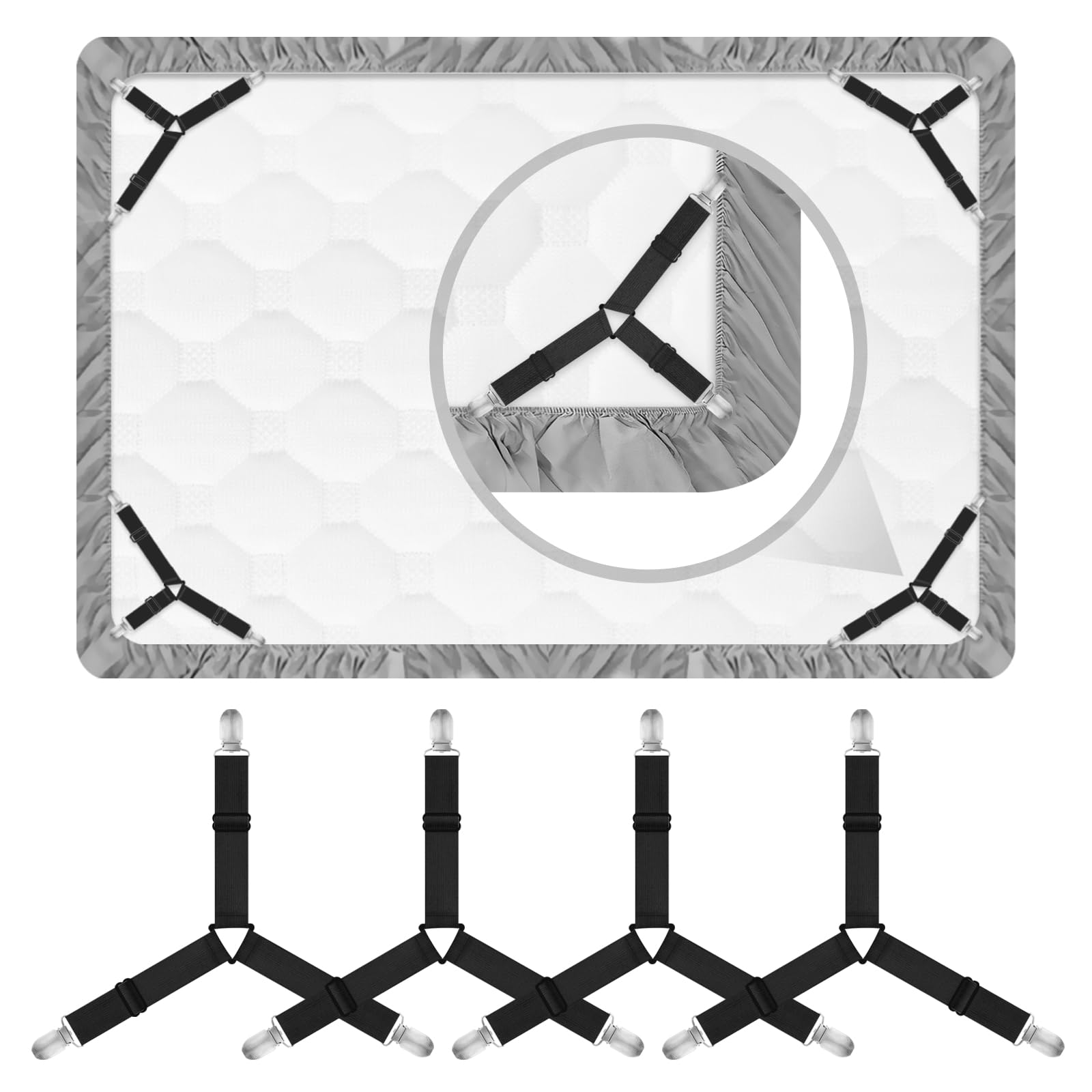 Bed Sheet Clips, Adjustable Fitted Sheet Straps, Triangle Bed Sheet Straps Sheet in Mattress Corner Holders Keep Sheets Firm & Tight, Bed Sheet Straps Adjustable Elastic Bedsheet Fasteners (Black)