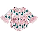 xkwyshop Newborn Baby Girl Christmas Outfit Tree Bow Bubble Romper Feather Trim Ruffle Long Sleeve Bodysuit Xmas Clothes