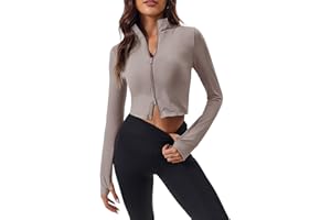 Fisoew Women's Zip Up Workout Jacket Lightweight Cropped Athletic Slim Fit Tops with Thumb Hole