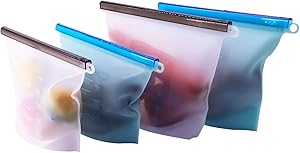 Reusable Silicone Food Storage Bag, Airtight Seal Food Preservation Bag, Food Grade Versatile Silicone bag for Vegetables, Meat, Fruit, Soup, Snacks, Sandwich (2x1L+2x1.5L)