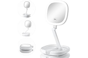 Beautifive Makeup Mirror with Lights and Magnification, 1X/8X Travel Lighted Makeup Mirror, Lighted Folding Travel Mirror with Adjustable Height, Double Sided Magnifying Travel Mirror with Light