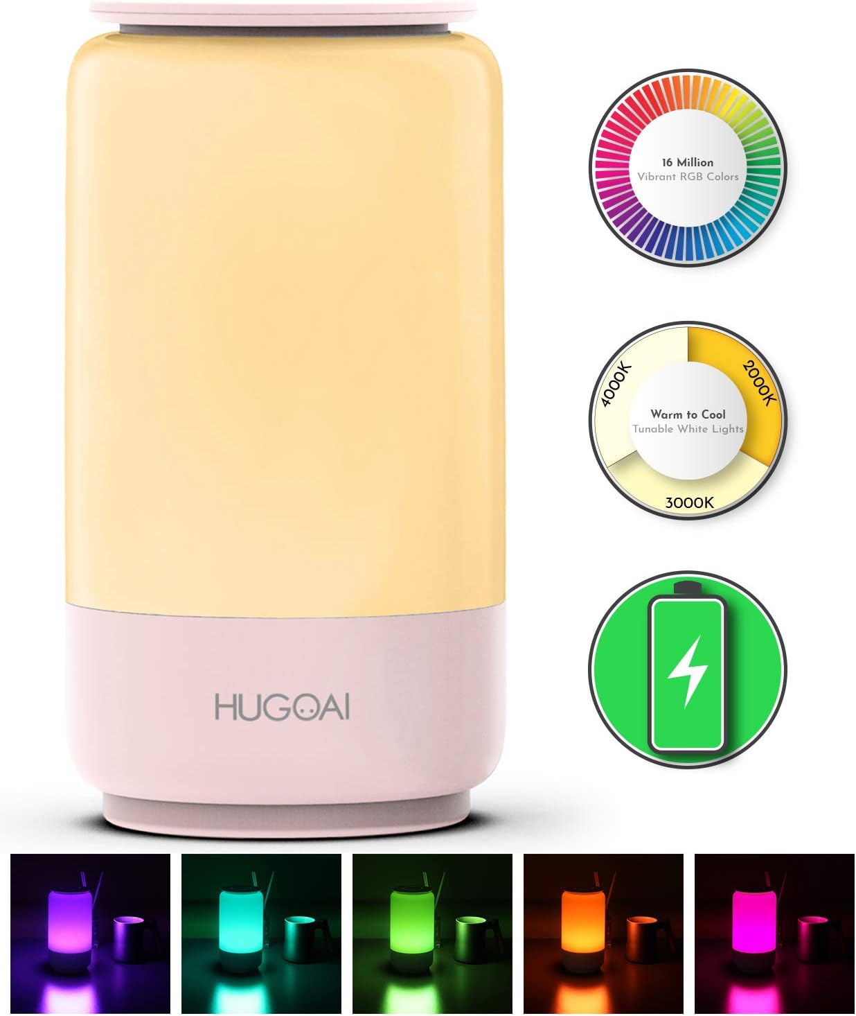 Cordless Table Lamps for Bedrooms, HUGOAI Rechargeable Lamps for Bedroom, Dimmable Bedside Lamp Battery Operated, Night Lights with Shades of White Lights and Vibrant RGB Colors, Pink
