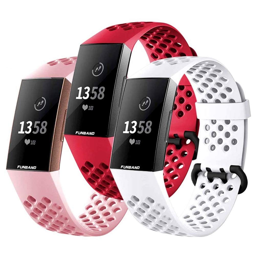 FunBand Strap Compatible with Fitbit Charge 3/Charge 4 Strap Bands, Easy Adjust Breathable with Ventilation Holes Soft Silicone Sport Replacement Accessory Bracelet Straps Fitness Activity Wristband