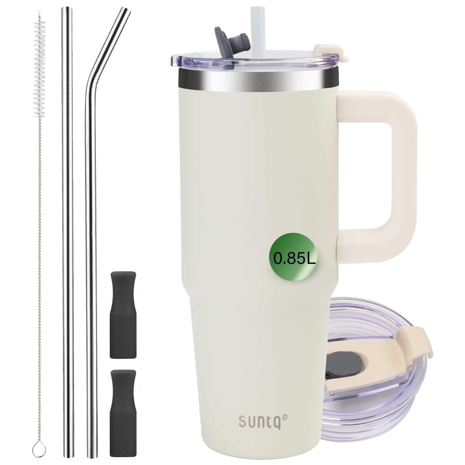 SUNTQ 30oz Tumbler with Handle, Double Wall Vacuum Insulated Water Bottle with Straw and Lid, Stainless Steel Travel Coffee Mug, Reusable Thermal Cup for Beverages, Fit in Cup Holder(Ivory) — image 1