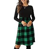 PALINDA Women's Plaid Long Sleeve Empire Waist Pleated Loose Swing Casual Flare Midi Dress with Belt