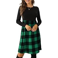 PRIMODA Women's Long Sleeve Empire Waist Buffalo Plaid Midi Swing Dress  with Belt(Black S) at Amazon Women's Clothing store