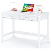 4NM 39.4" Small Desk with Wood Drawers, Home Office Computer Desk with Wooden Legs, Study Writing Table Vanity Desk for Small Spaces - White