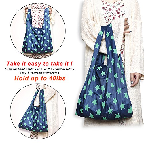 Reusable Grocery Bags Set of 6 Heavy Duty Foldable Shopping Tote Bag by Holotap Nylon Reusable Shopping Bag fits in Pocket Washable, Durable and Lightweight (Big five-pointed star, Spot) - Thumbnail 2
