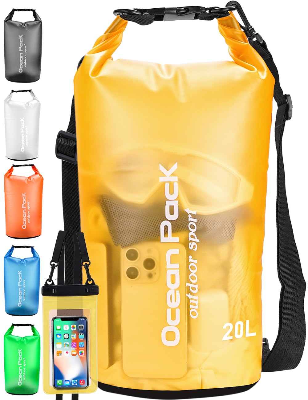 Henrycares Waterproof Dry Bag 20L 10L 5L, Sack with Phone Dry Bag and Long Adjustable Shoulder Strap Included, for Traval, Camping, Hiking, Swimming, Boating, Fishing (Yellow, 20L)