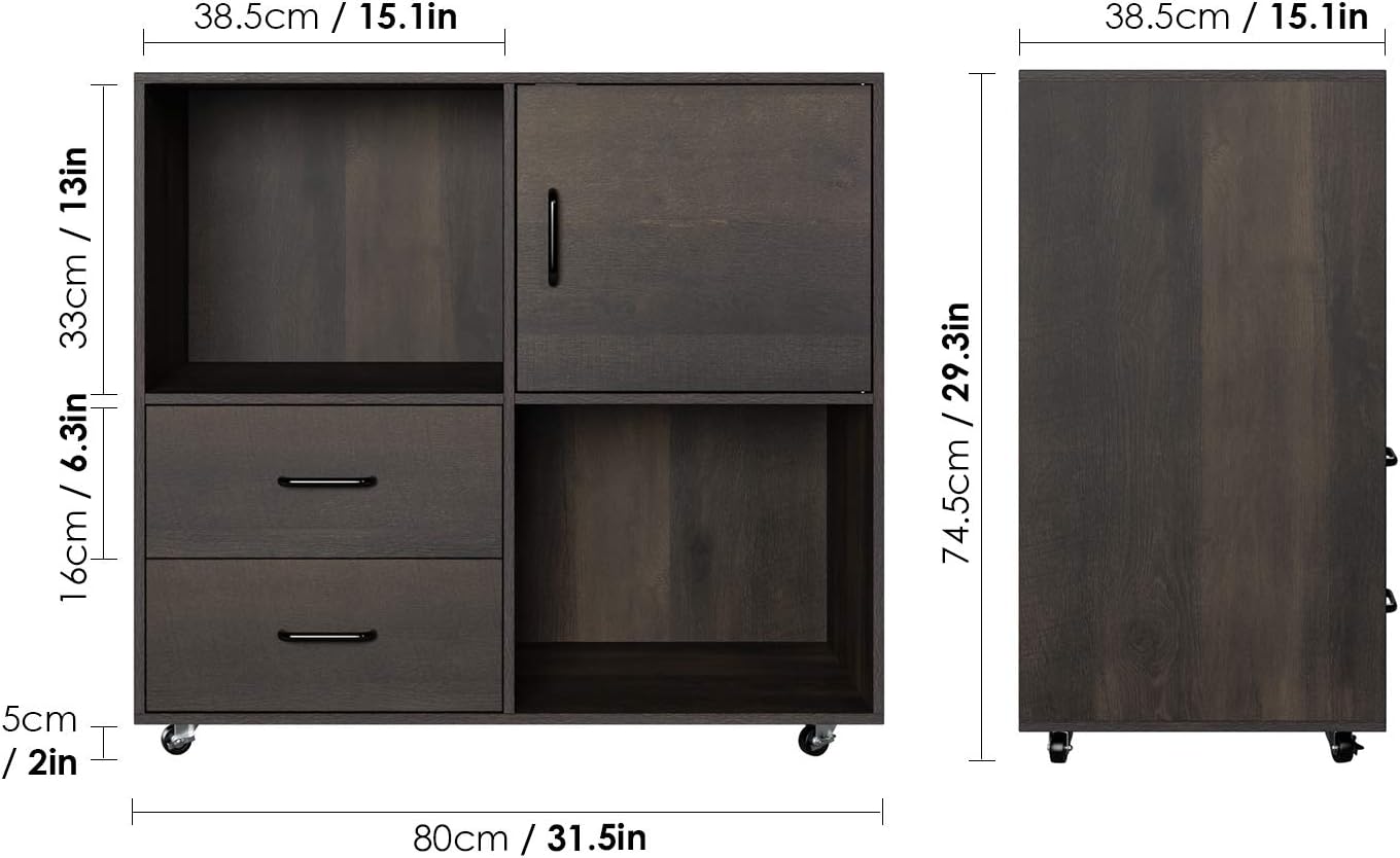 HOMECHO File Cabinet Mobile Lateral Filing Cabinet with Wheels, Large Modern Printer Stand with 2 Drawers and Open Shelves, Functional Storage Cabinet for Home Office, Dark Brown : Office Products