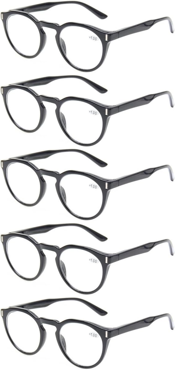 Reading Glasses 5 Pack Retro Round Readers Quality Spring Hinge Glasses for Reading (5 Pack Black, 2.50)