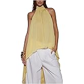 BEAUDRM Women's Y2K Chiffon Asymmetrical Tops Flowy Halter Going Out Tops Sleeveless Fall Spring Summer Vacation Outfit