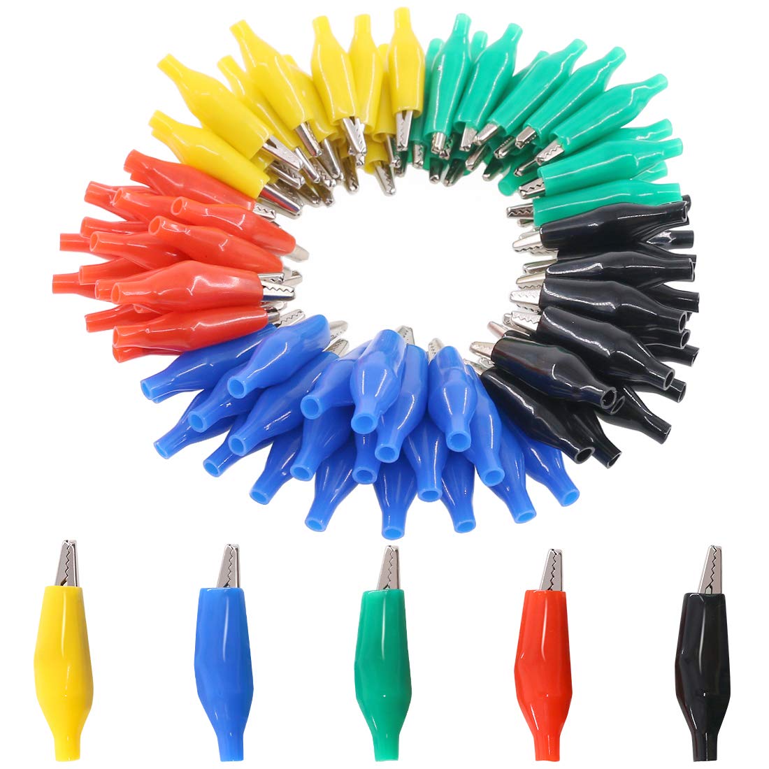 Glarks 100Pcs 1.1''/28mm Alligator Clips Crocodile Electrical Test Clamps Jumper Helper with Black/Red/Yellow/Blue/Green Protective Insulation Cover for Laboratory Testing
