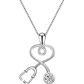 AOBOCO Stethoscope Necklace 925 Sterling Silver Embellished with 12 Months Birthstone Crystals from Austria, Graduation Gifts Medical Jewelry for Doctor Nurse Medical Student RN