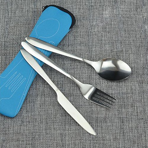 Tableware Fork Knife Spoon Western Food Beef Camping Stainless Steel Portable Tableware Travel 3pcs(Blue)