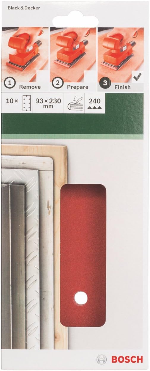 Bosch 2609256B06 Sanding Sheets for AEG and Black + Decker Orbital Sanders 93 x 230 cm Number of Holes 8 Grit Size 240 Pack of 10 - Image 3