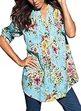 HOTAPEI Women Casual Floral Print Tunic 3/4 Sleeve V-Neck Loose T Shirts Chiffon Blouse Tops