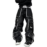 DFGIGT Mens Goth Baggy Cargo Jeans with Pockets Steampunk Patchwork Embroidery Wide Leg Denim Pants