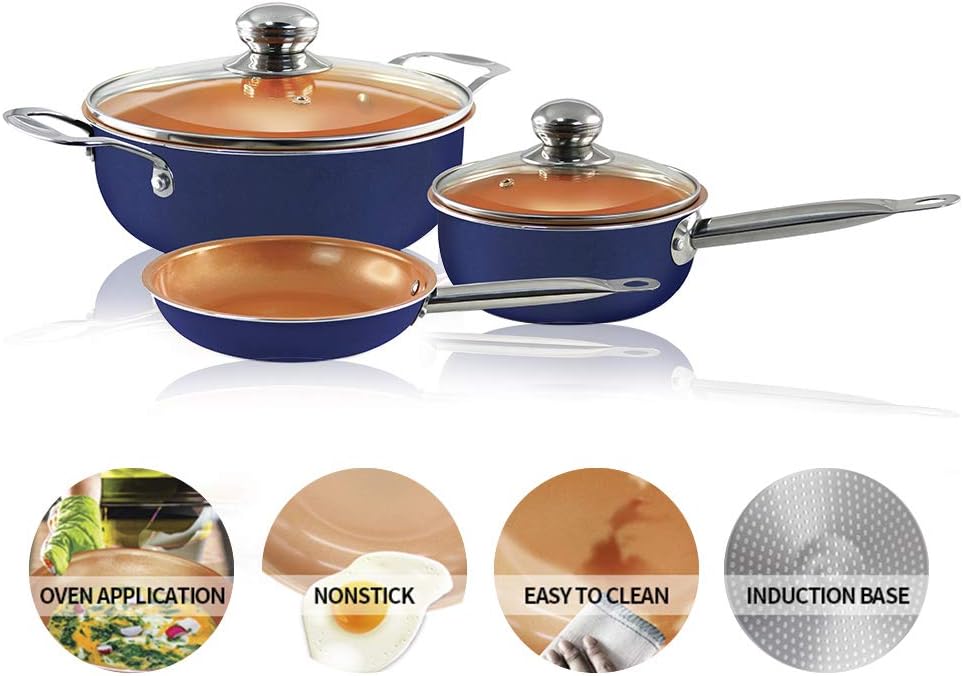 5 PCS Set- Non Stick Copper Cookware Set non stick set induction compatible copper pots and pans set oven safe induction cookware set with lid (Navy Blue)