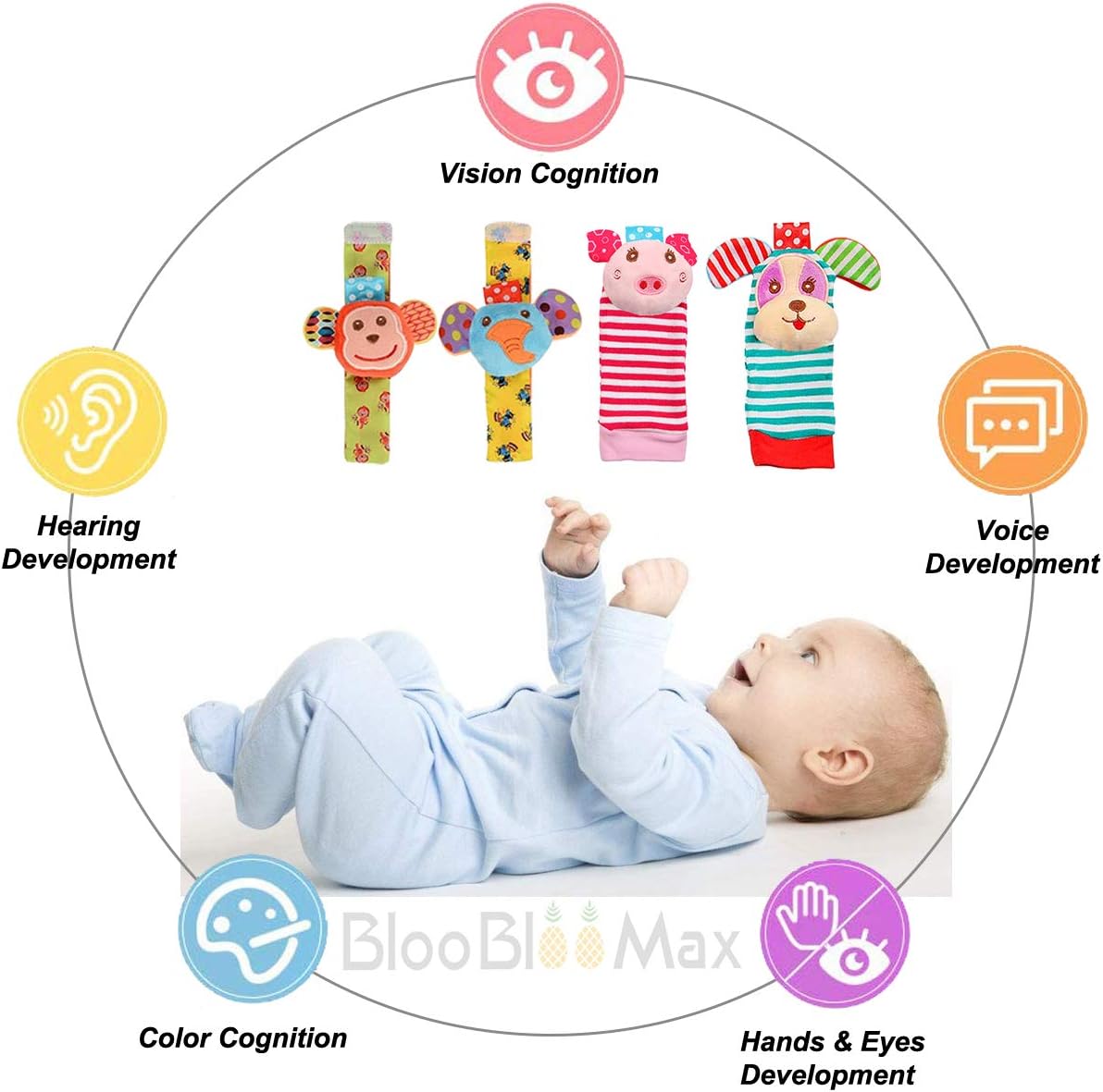 SSK Soft Baby Wrist Rattle Foot Finder Socks Set,Cotton and Plush Stuffed Infant Toys,Birthday Holiday Birth Present for Newborn Boy Girl 0/3/4/6/7/8/9/12/18 Months Kids Toddler,4 Cute Animals: Toys & Games
