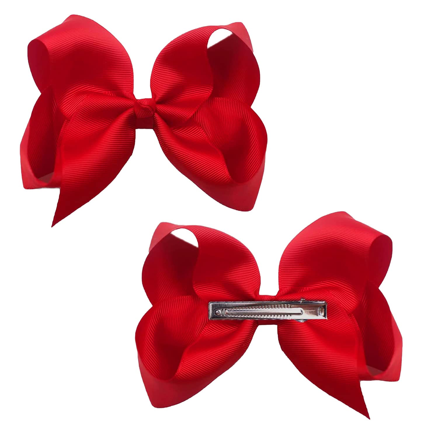 2Pcs Ribbon Hair Bow Clips Barrettes, 3 inch Ponytail Holder with Duckbill Clip for Children Kids Girls Women (Red)