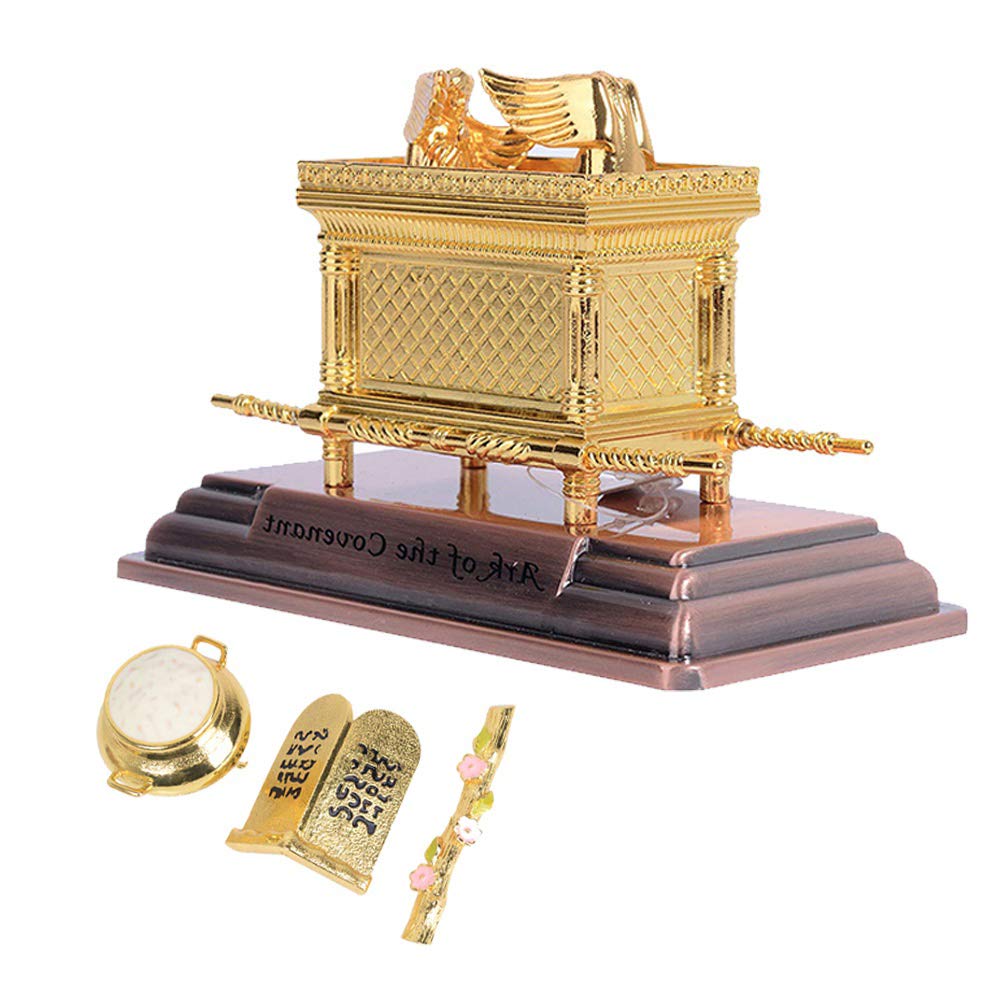 BRTAGG The Ark of the Covenant Replica Gold Plated Statue with Contents, Aaron‘s Rod/Manna/Ten Mandments Stone (Small)