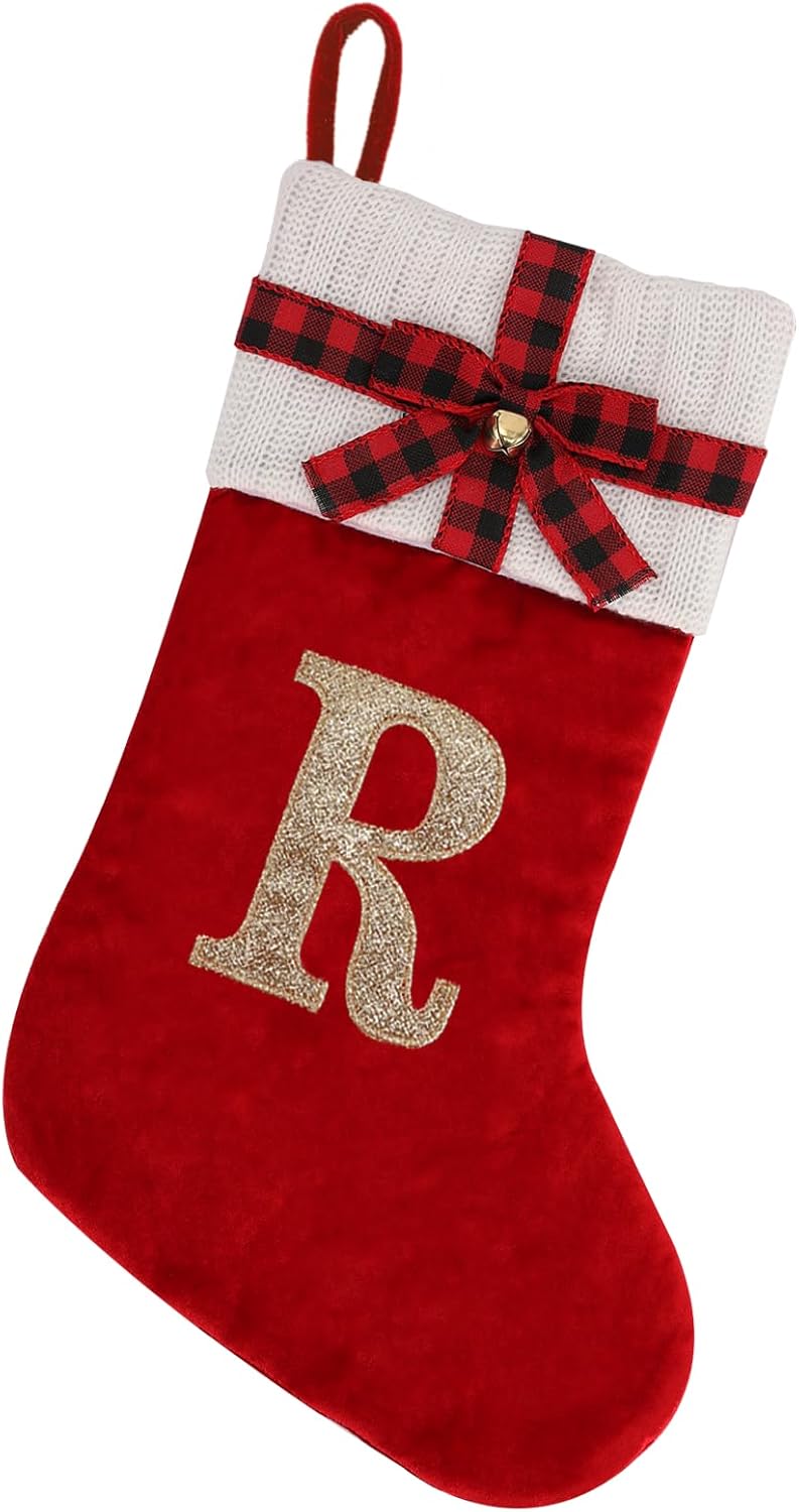 Stockings & Holders - OJCHRLKF 20 Inches Initial Monogram Embroidered Christmas Stocking red Green Velvet with White Knitted Cuffs Christmas Decorations stocking-52-R-Red