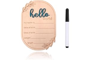 DUOJINSANXI Baby Announcement Sign, 5.91x4.13 Inch Wooden Hello World Newborn Signs, Birth Announcement Sign, Ear of Wheat Decoration, Welcome Newborn Arrival to World, Hospital Nursery for baby (Blue,Pen)