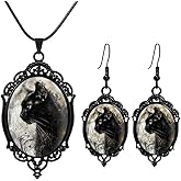 YWMAN Goth Black Cat Cameo Necklace Earrings Set, Vintage Gothic Black Cat Pendant Dangle Earrings, Halloween Witch Costume Jewelry Gift for Women