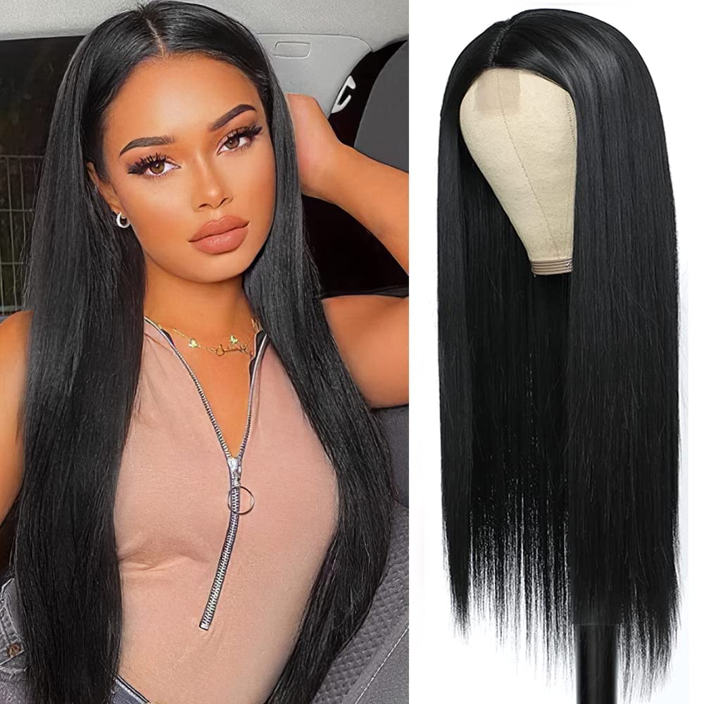 PORSMEER Natural Looking Wig Glueless Lace Hair Line Long Black Synthetic Heat Resistant Wigs for Women Ladies Silky Straght Middle Parting Wig,26 Inch