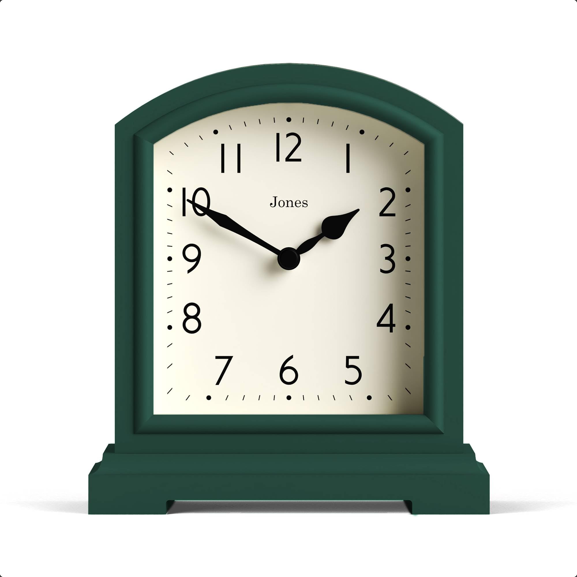 Jones Clocks® Tavern mantel clock | Small modern arch top design | Dark green | Contemporary classic style for desk, table, shelf or bedside