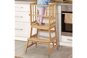 COSYLAND Baby and Toddler Step Stool Kitchen Nursery Helper Stand with Safety Rail in Natural Bamboo, Strong and Lightweight 
